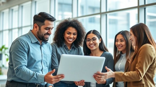 Diverse team discussing employee benefits solutions in a bright office.
