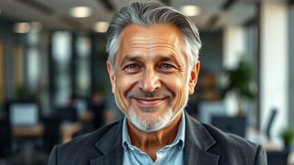 Even-Keeled Leadership - Confident older man's portrait in modern office.