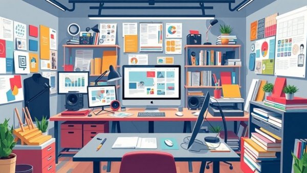 Workspace highlighting graphic design principles with vibrant tools.