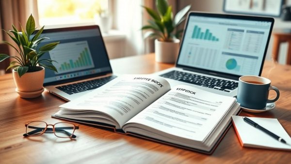 Open employee handbook on desk with laptop and coffee.
