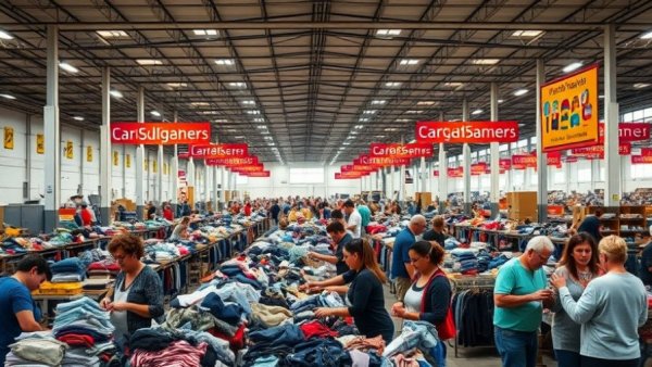 Volunteers in a warehouse sorting clothes, highlighting community efforts.