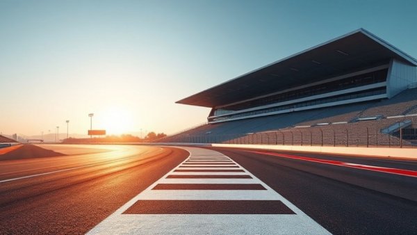 Modern racetrack finish line at sunrise with grandstand, symbolizing market leadership.