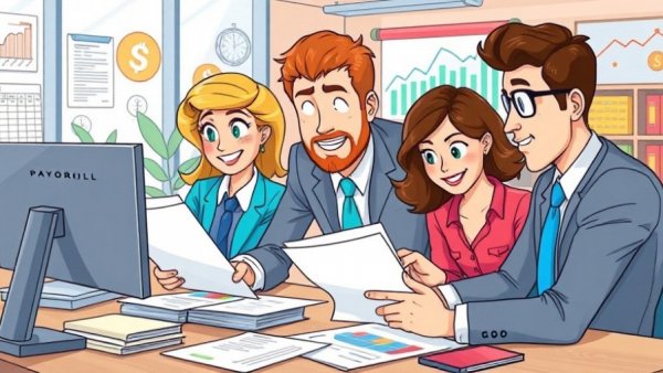 Illustrated team discussing payroll processing fees in an office.