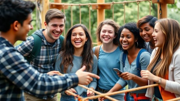 Diverse team building experiences outdoors with group collaboration.