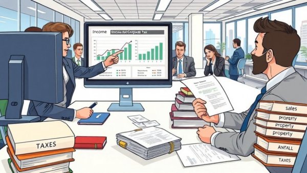 Cartoon office meeting discussing types of business taxes with charts and books.