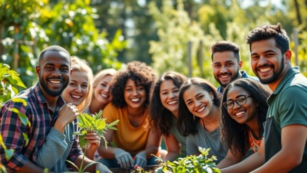 Joyful group gardening outdoors as creative community building activity.