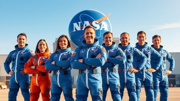 Astronauts in blue suits showcasing leadership lessons from Artemis II at NASA building.