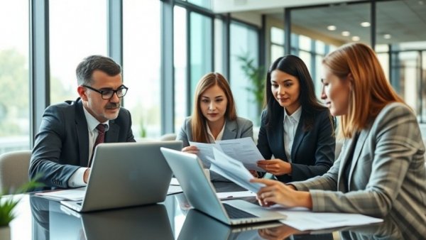 Professionals discuss early tax filing benefits in a modern office.