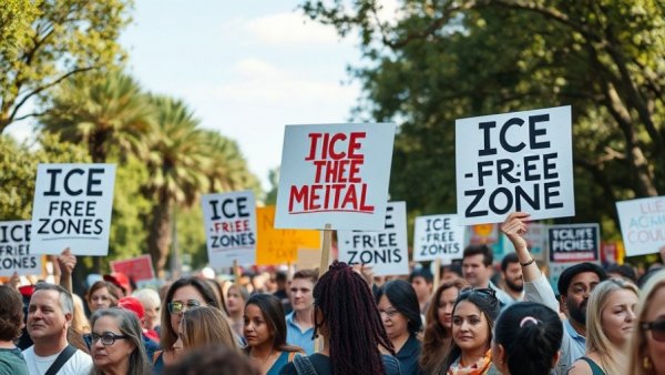 Protesters advocating for ICE-free zones at a rally.