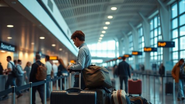 American Airlines check-in counter with traveler handling luggage amid raised baggage fees
