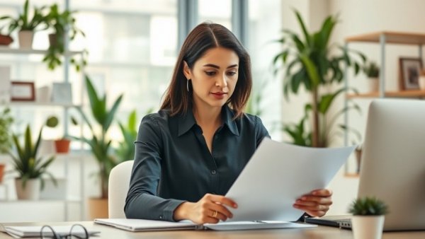 Confident woman reviewing documents in a bright office for starting a sole proprietorship.