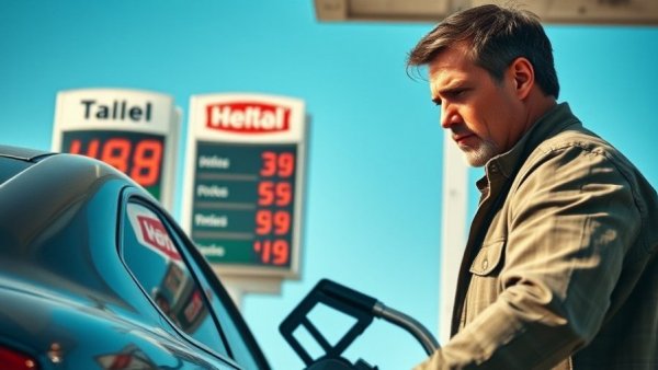Man refueling car at gas station with high prices displayed.