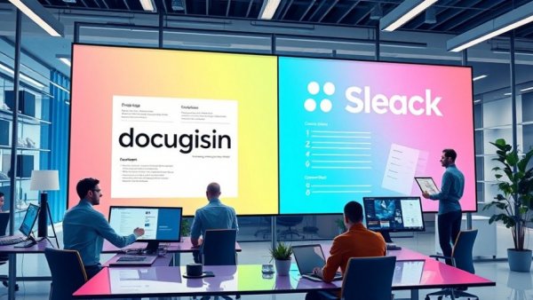 Illustration of DocuSign integration with Slack in a modern office setting.