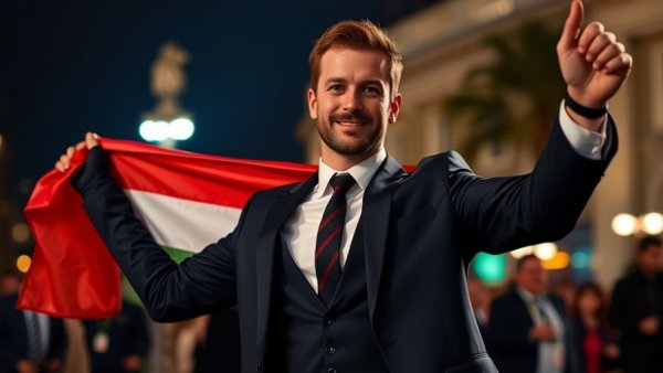 Péter Magyar celebrating Hungary election results 2026 with flag.