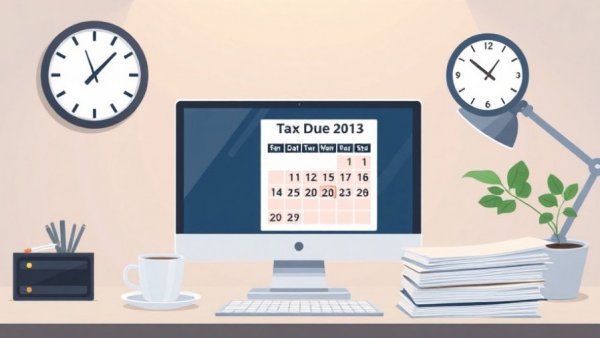 Modern desk with calendar highlighting tax due dates, clock in background.