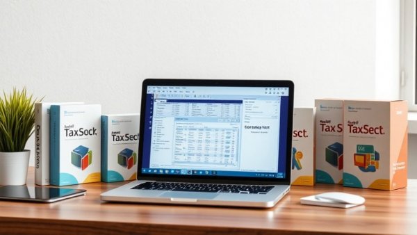 Workspace with tax software laptop setup, ideal for local businesses.