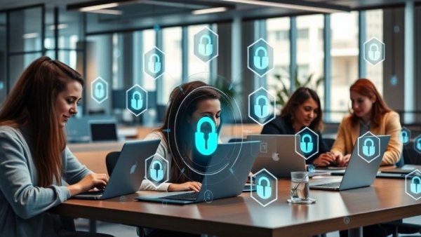 Office team discussing browser security for remote work with laptops and cybersecurity graphics.