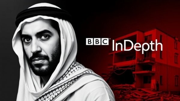 Stylized graphic of Lebanon talks with Israel, featuring keffiyeh portrait and building