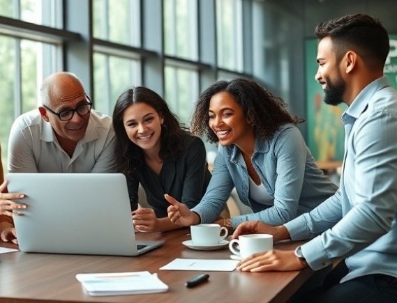 Excited business guy at a desk eagerly awaiting a webinar to start.