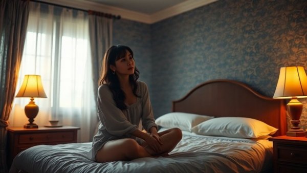 Woman seated thoughtfully in a dimly lit room in the UK.