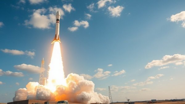 Powerful rocket launch with smoke clouds and blue sky, capturing Musk Bezos space race.
