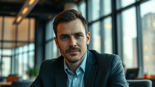 Professional man in an office with large windows in the UK.