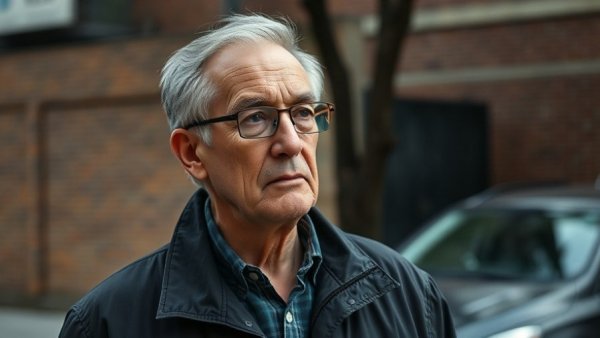 Older man in glasses pondering outside by a parked car, urban setting.