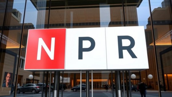 NPR building entrance with logo reflecting urban environment.