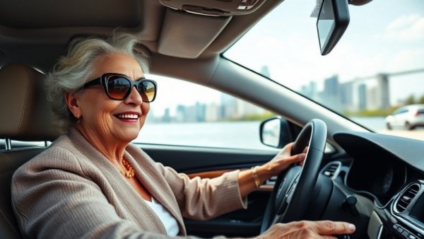 Confident elderly woman driving luxury car with city skyline.