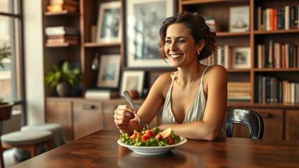 Elegant woman enjoying a salad at a wooden table with warm ambiance.