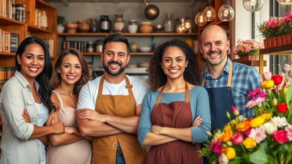 Diverse small business owners in bookstore, kitchen, and floral shop showcasing best small businesses to buy.