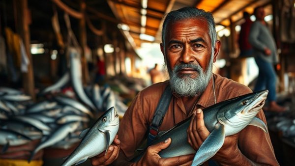 Fisherman carrying sharks at Southeast Asian market, overfishing impact.