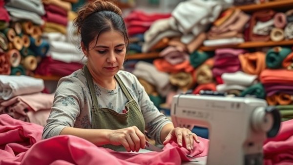 Seamstress in workshop cutting pink fabric for Italian lingerie brand revival.