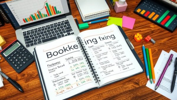 Importance of bookkeeping guide workspace with notebook and laptop.