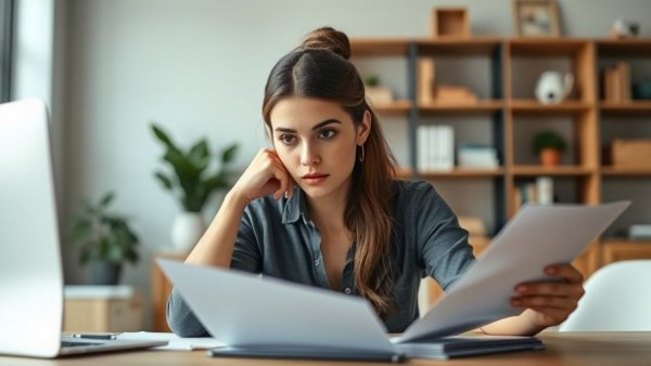 Young woman calculating taxes at desk for a bigger refund without dependents.