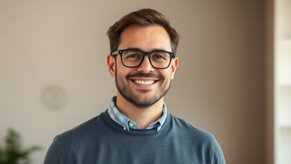 Smiling man wearing glasses, close-up portrait associated with Autism in Leadership.