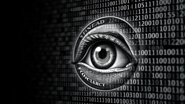 Monopsony influence represented by dollar bill eye amidst binary code.