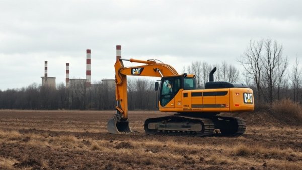 Construction vehicle in field near power plant, highlighting energy issues.