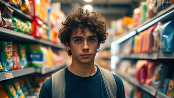 Young man in store with colorful shelves, related to high street drug sales.