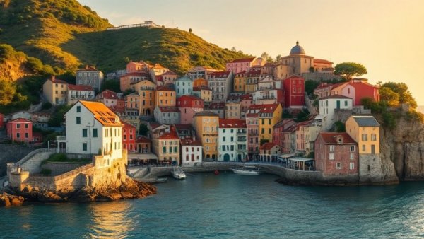Picturesque view of a vibrant coastal town in the Falklands at sunset.