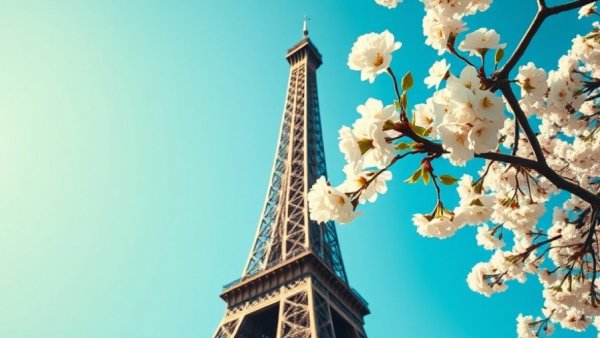 Eiffel Tower viewed through blossoming tree branches against blue sky.