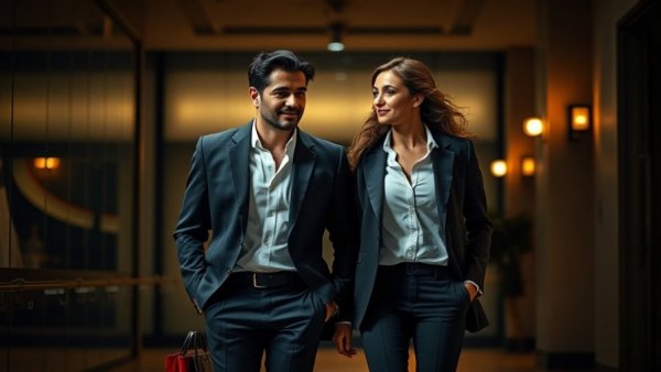 Elegant couple in fashion attire, highlighting sustainable fashion funding theme.