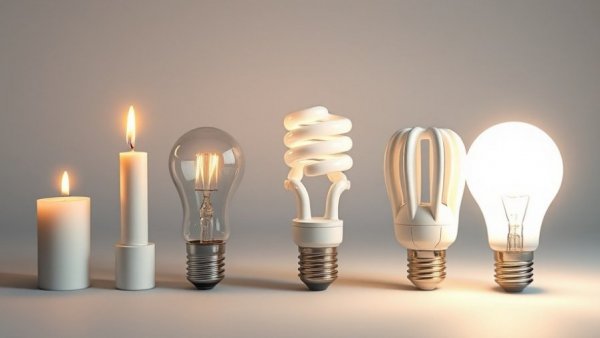 Evolution of lighting from candle to LED representing tech advancement.