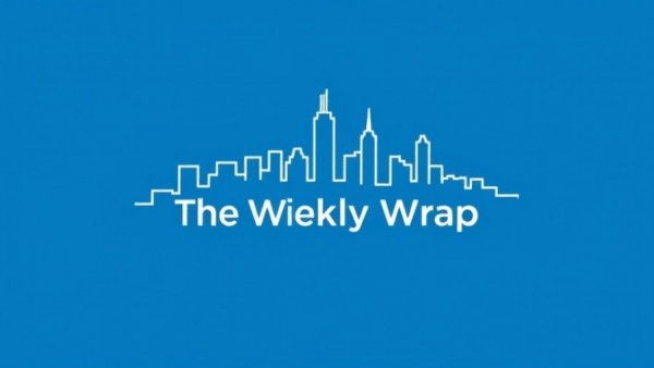 Minimalistic cityscape with 'The Weekly Wrap' text on blue background.