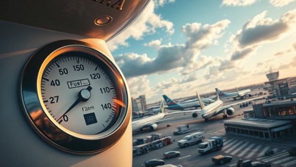 Conceptual image of jet fuel pricing crisis with airplane and fuel gauge.