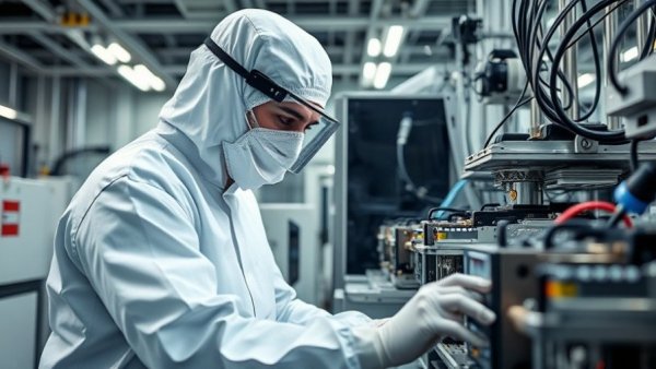 Technician operating semiconductor equipment in a modern cleanroom.