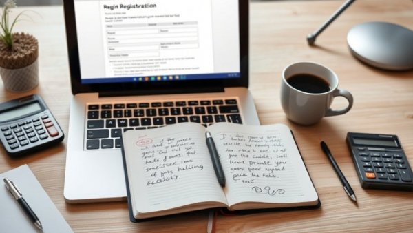 Workspace with laptop and notes for forming an S Corporation.