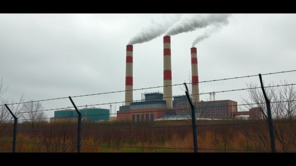 Industrial plant with smokestacks and fence under cloudy sky.