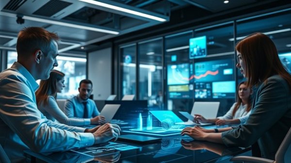 AI-Enhanced Project Management in a futuristic office setting.