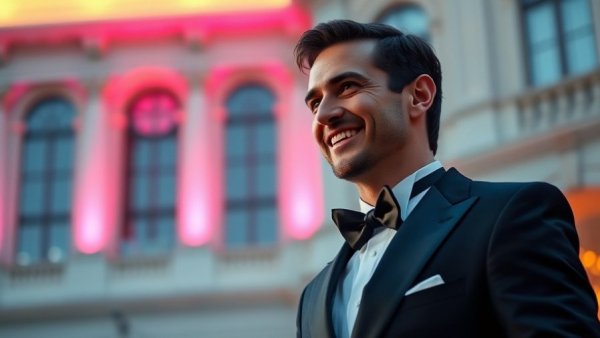 Man in tuxedo speaking at event with pink-lit building backdrop.